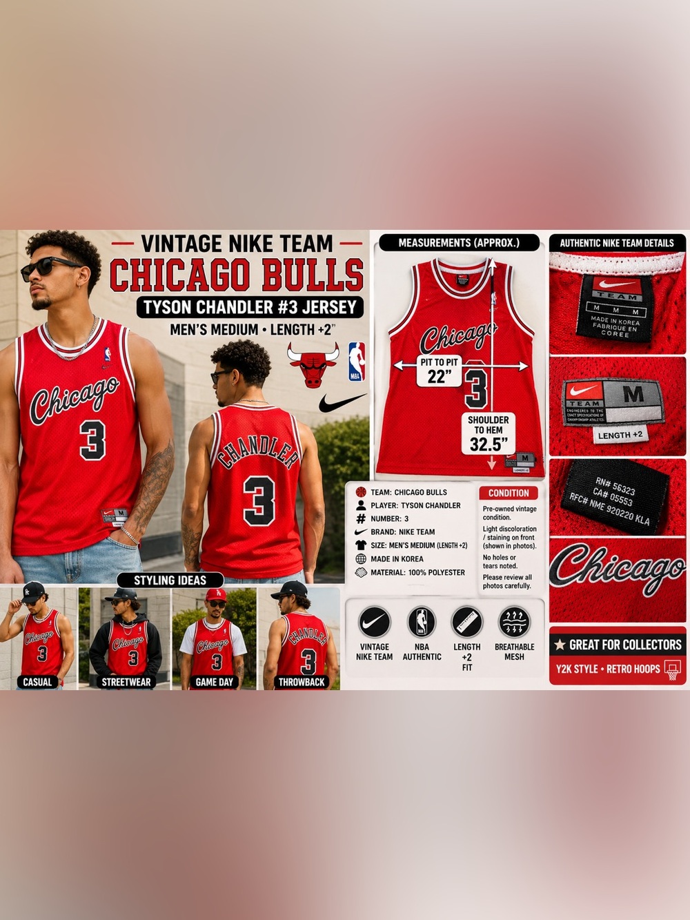 Vintage Nike Team Chicago Bulls Tyson Chandler #3 Red NBA Jersey Men's M/L +2